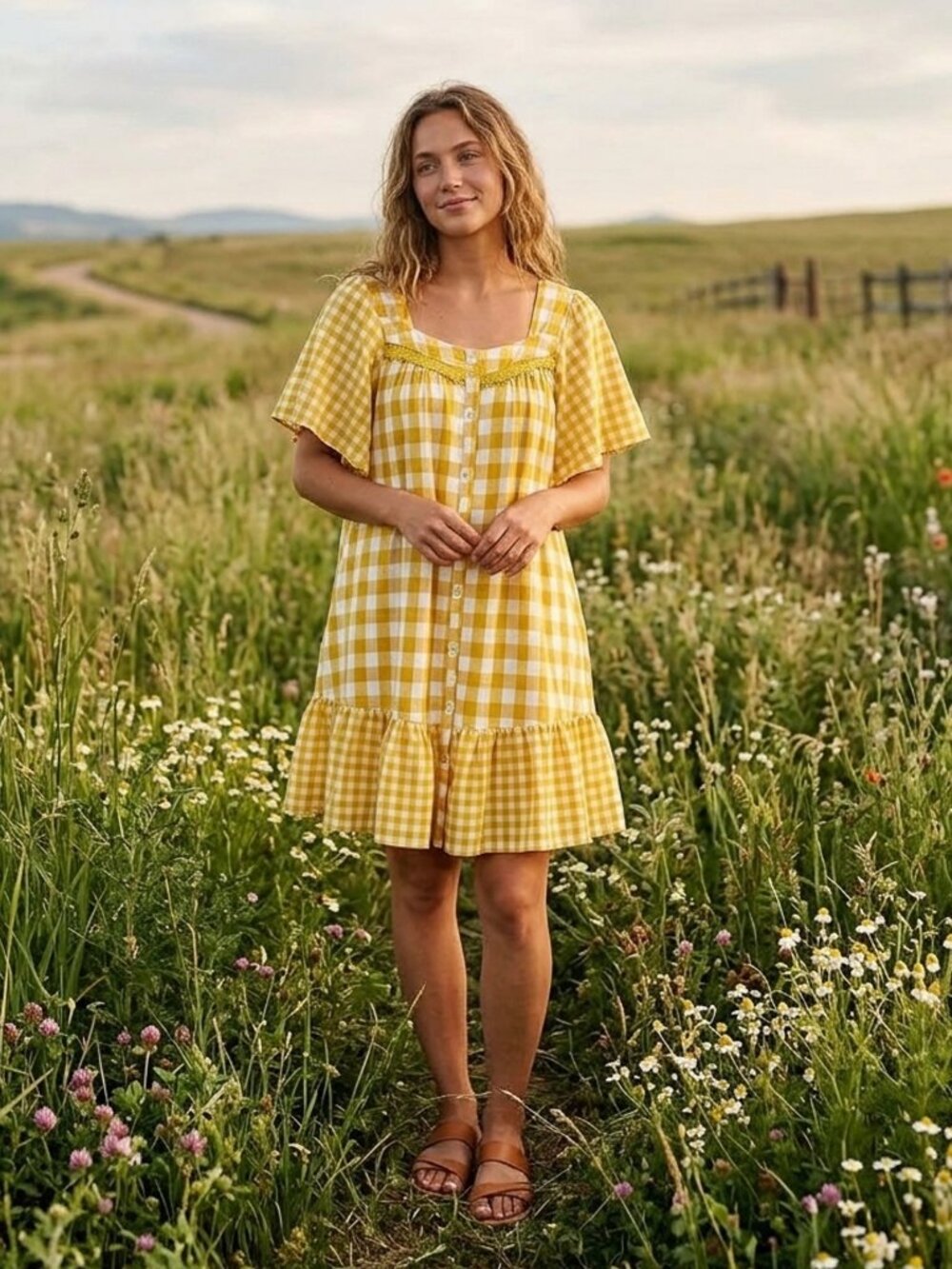 Davi & Dani Mustard Yellow Gingham Shift Ruffle Midi Dress Size S